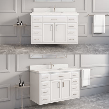 Meuble-lavabo simple Capri III avec organiseur Stealth, armoire de salle de bain en bois massif avec comptoir et dosseret en pierre reconstituée, porte et tiroir à fermeture amortie, pré-assemblé