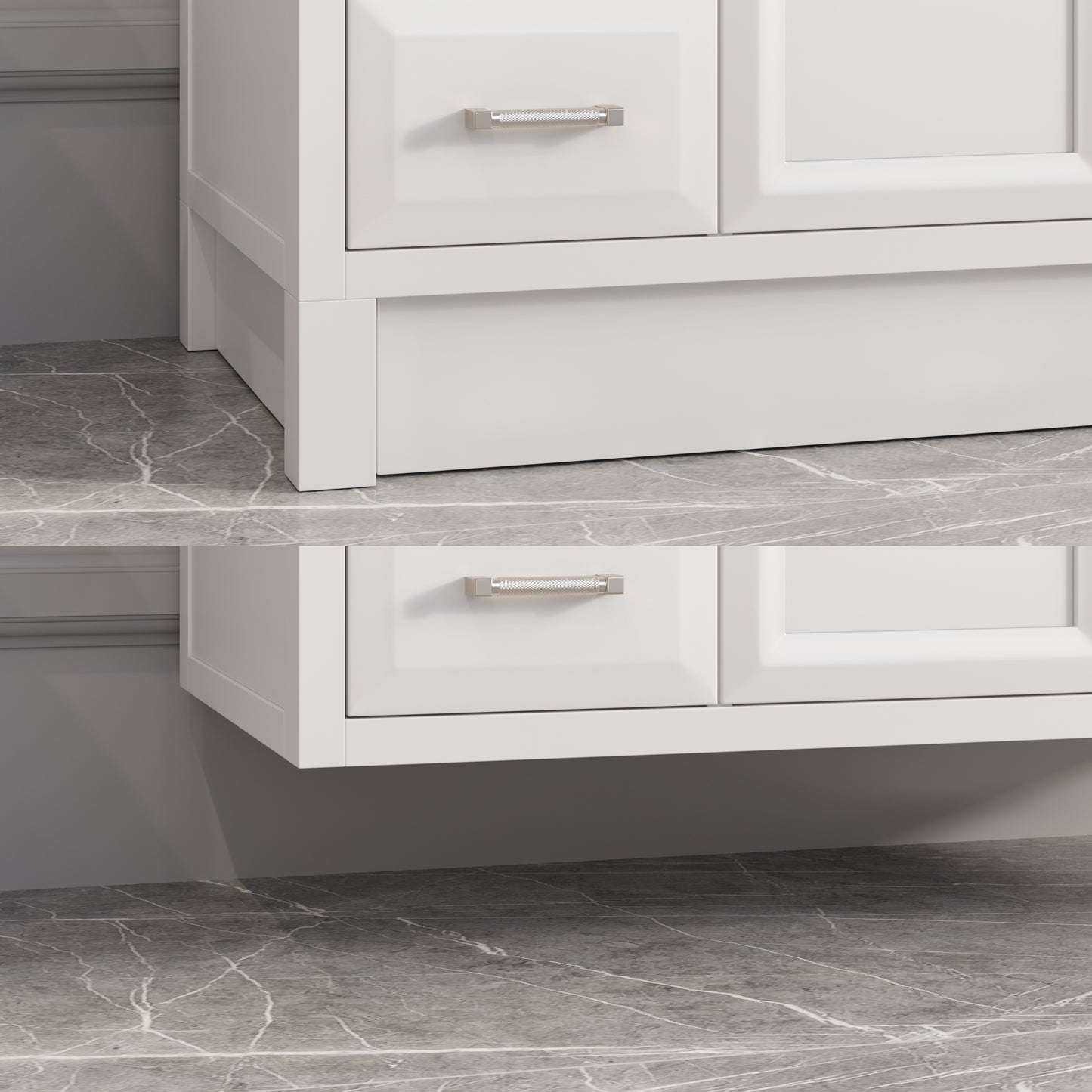 Meuble-lavabo simple Capri III avec organiseur Stealth, armoire de salle de bain en bois massif avec comptoir et dosseret en pierre reconstituée, porte et tiroir à fermeture amortie, pré-assemblé