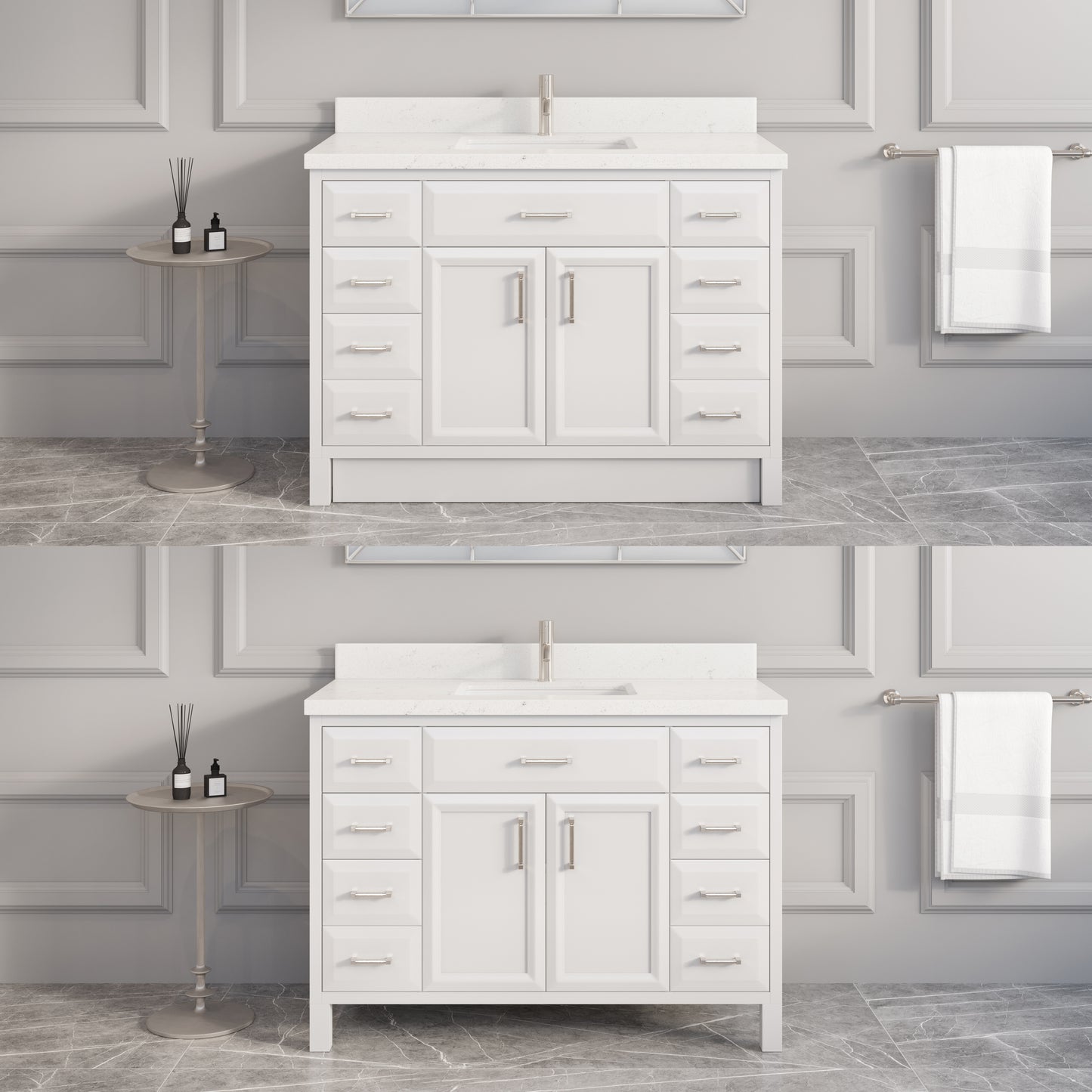 Meuble-lavabo simple Capri III avec organiseur Stealth, armoire de salle de bain en bois massif avec comptoir et dosseret en pierre reconstituée, porte et tiroir à fermeture amortie, pré-assemblé
