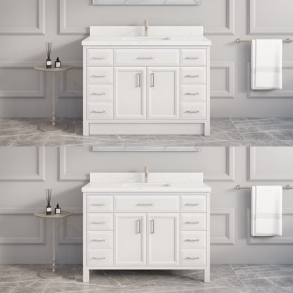 Meuble-lavabo simple Capri III avec organiseur Stealth, armoire de salle de bain en bois massif avec comptoir et dosseret en pierre reconstituée, porte et tiroir à fermeture amortie, pré-assemblé