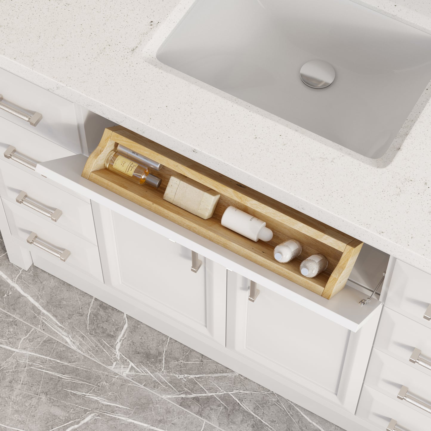Meuble-lavabo simple Capri III avec organiseur Stealth, armoire de salle de bain en bois massif avec comptoir et dosseret en pierre reconstituée, porte et tiroir à fermeture amortie, pré-assemblé