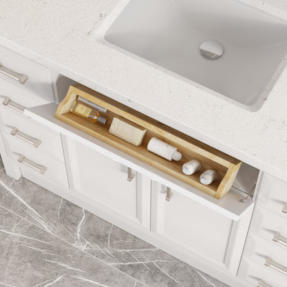 Meuble-lavabo simple Capri III avec organiseur Stealth, armoire de salle de bain en bois massif avec comptoir et dosseret en pierre reconstituée, porte et tiroir à fermeture amortie, pré-assemblé
