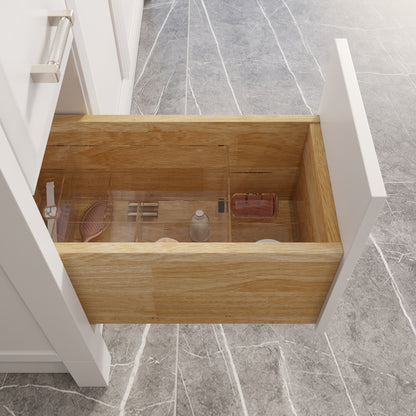 Meuble-lavabo simple Capri III avec organiseur Stealth, armoire de salle de bain en bois massif avec comptoir et dosseret en pierre reconstituée, porte et tiroir à fermeture amortie, pré-assemblé