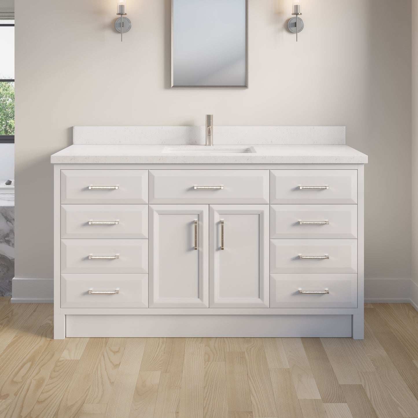 Meuble-lavabo simple Capri III avec organiseur Stealth, armoire de salle de bain en bois massif avec comptoir et dosseret en pierre reconstituée, porte et tiroir à fermeture amortie, pré-assemblé