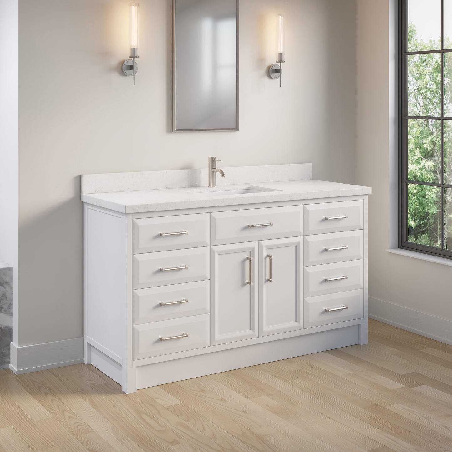 Meuble-lavabo simple Capri III avec organiseur Stealth, armoire de salle de bain en bois massif avec comptoir et dosseret en pierre reconstituée, porte et tiroir à fermeture amortie, pré-assemblé