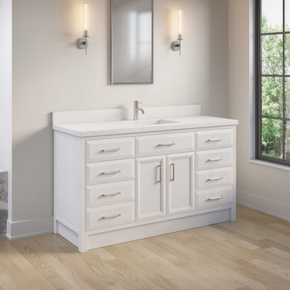 Meuble-lavabo simple Capri III avec organiseur Stealth, armoire de salle de bain en bois massif avec comptoir et dosseret en pierre reconstituée, porte et tiroir à fermeture amortie, pré-assemblé