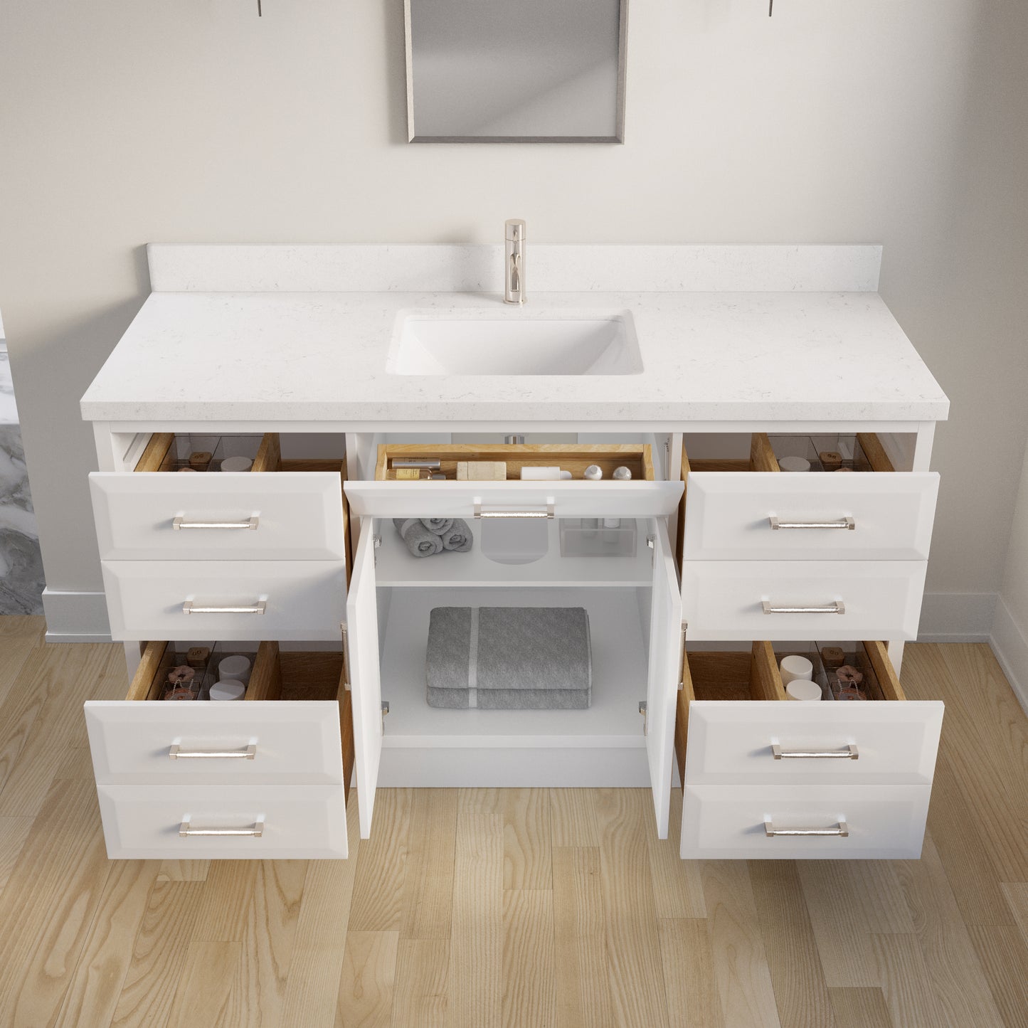 Meuble-lavabo simple Capri III avec organiseur Stealth, armoire de salle de bain en bois massif avec comptoir et dosseret en pierre reconstituée, porte et tiroir à fermeture amortie, pré-assemblé