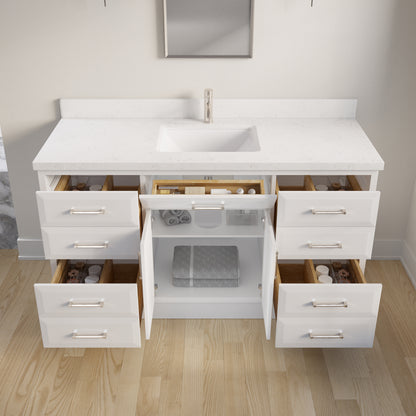 Meuble-lavabo simple Capri III avec organiseur Stealth, armoire de salle de bain en bois massif avec comptoir et dosseret en pierre reconstituée, porte et tiroir à fermeture amortie, pré-assemblé