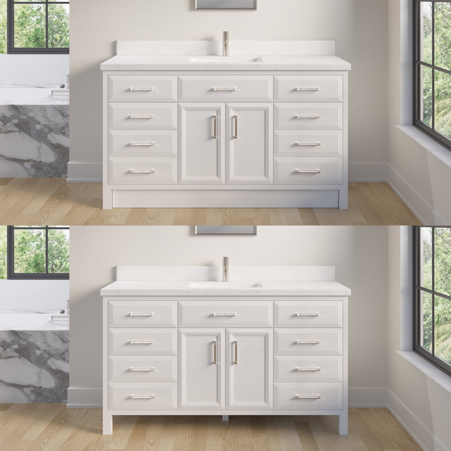Meuble-lavabo simple Capri III avec organiseur Stealth, armoire de salle de bain en bois massif avec comptoir et dosseret en pierre reconstituée, porte et tiroir à fermeture amortie, pré-assemblé