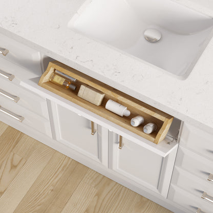 Meuble-lavabo simple Capri III avec organiseur Stealth, armoire de salle de bain en bois massif avec comptoir et dosseret en pierre reconstituée, porte et tiroir à fermeture amortie, pré-assemblé