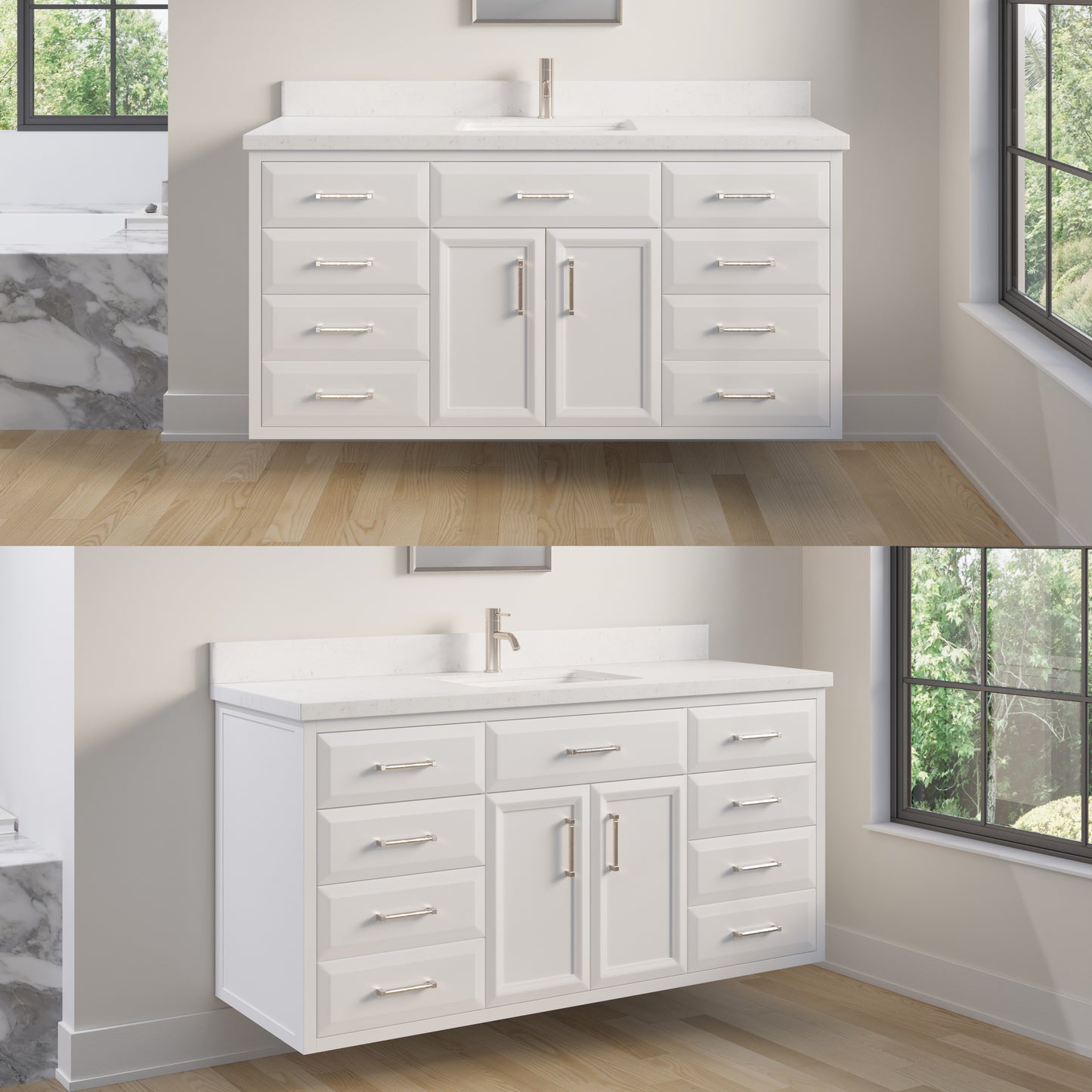 Meuble-lavabo simple Capri III avec organiseur Stealth, armoire de salle de bain en bois massif avec comptoir et dosseret en pierre reconstituée, porte et tiroir à fermeture amortie, pré-assemblé