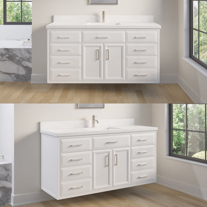 Meuble-lavabo simple Capri III avec organiseur Stealth, armoire de salle de bain en bois massif avec comptoir et dosseret en pierre reconstituée, porte et tiroir à fermeture amortie, pré-assemblé
