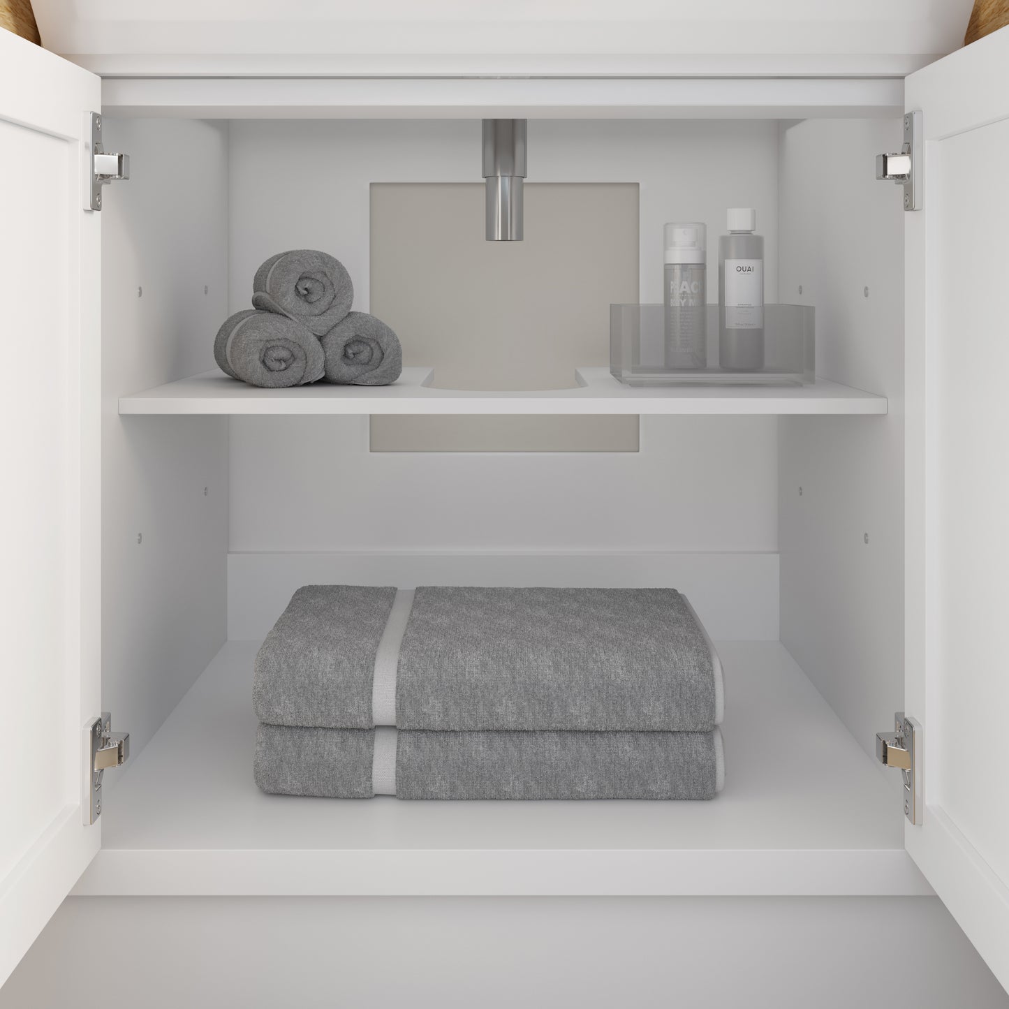 Meuble-lavabo simple Capri III avec organiseur Stealth, armoire de salle de bain en bois massif avec comptoir et dosseret en pierre reconstituée, porte et tiroir à fermeture amortie, pré-assemblé