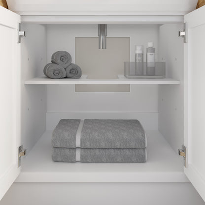 Meuble-lavabo simple Capri III avec organiseur Stealth, armoire de salle de bain en bois massif avec comptoir et dosseret en pierre reconstituée, porte et tiroir à fermeture amortie, pré-assemblé