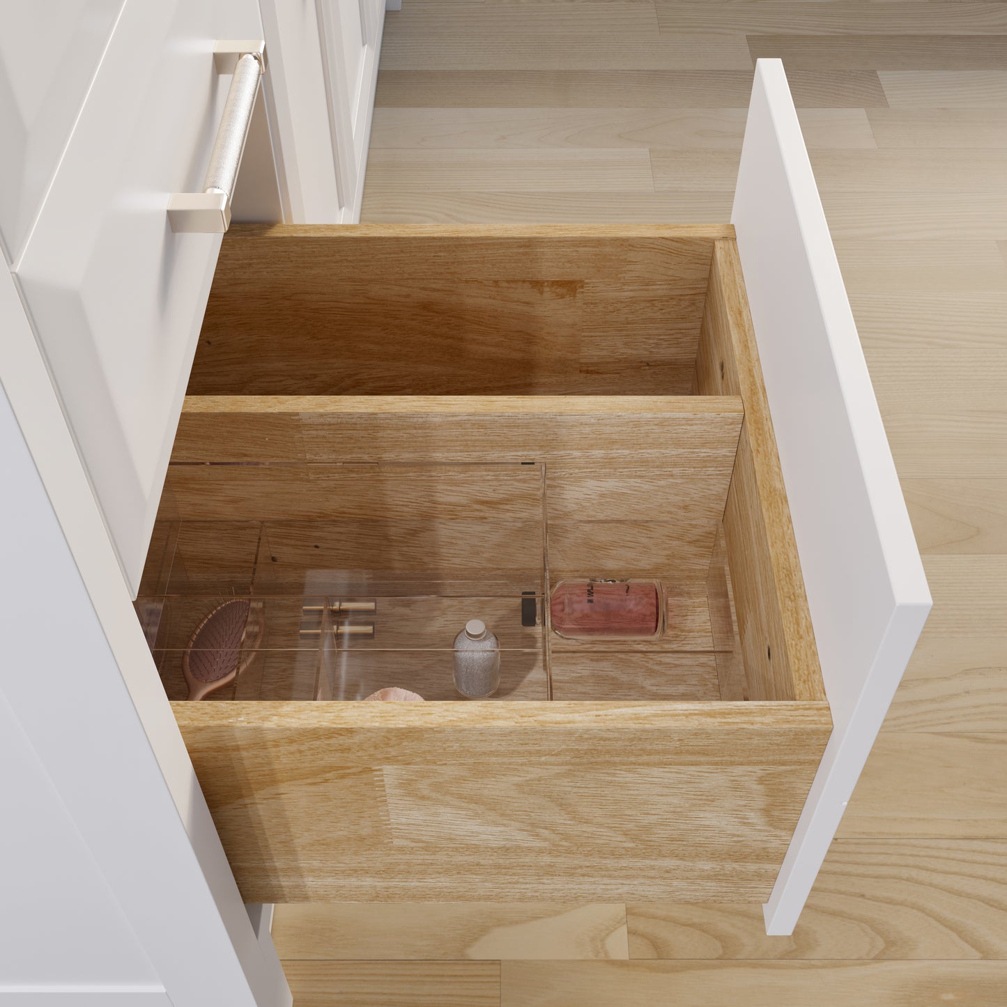 Meuble-lavabo simple Capri III avec organiseur Stealth, armoire de salle de bain en bois massif avec comptoir et dosseret en pierre reconstituée, porte et tiroir à fermeture amortie, pré-assemblé