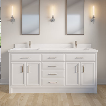 Meuble-lavabo simple Capri III avec organiseur Stealth, armoire de salle de bain en bois massif avec comptoir et dosseret en pierre reconstituée, porte et tiroir à fermeture amortie, pré-assemblé