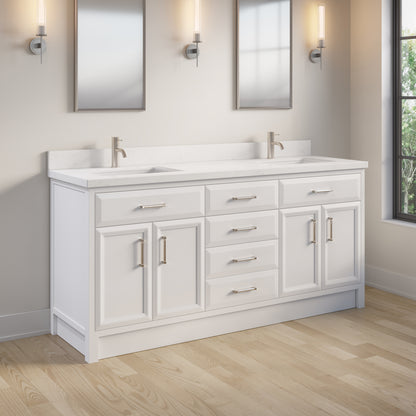 Meuble-lavabo simple Capri III avec organiseur Stealth, armoire de salle de bain en bois massif avec comptoir et dosseret en pierre reconstituée, porte et tiroir à fermeture amortie, pré-assemblé