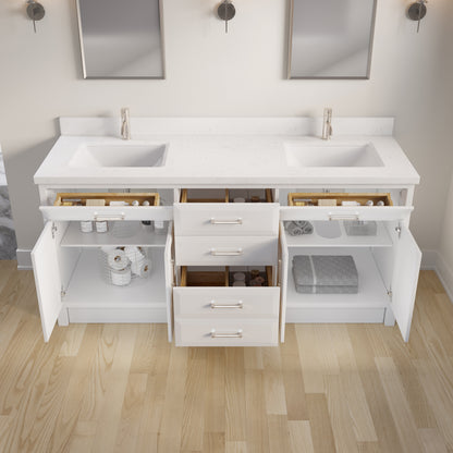 Meuble-lavabo simple Capri III avec organiseur Stealth, armoire de salle de bain en bois massif avec comptoir et dosseret en pierre reconstituée, porte et tiroir à fermeture amortie, pré-assemblé