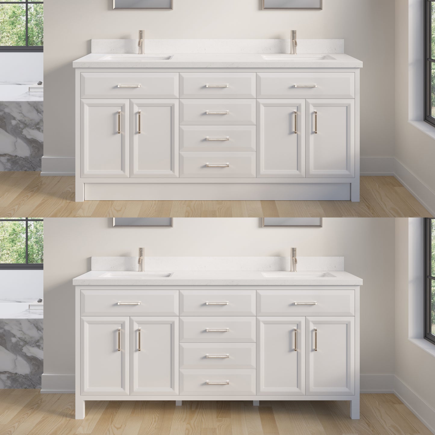 Meuble-lavabo simple Capri III avec organiseur Stealth, armoire de salle de bain en bois massif avec comptoir et dosseret en pierre reconstituée, porte et tiroir à fermeture amortie, pré-assemblé