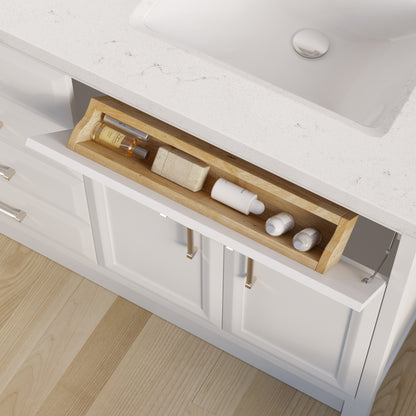 Meuble-lavabo simple Capri III avec organiseur Stealth, armoire de salle de bain en bois massif avec comptoir et dosseret en pierre reconstituée, porte et tiroir à fermeture amortie, pré-assemblé