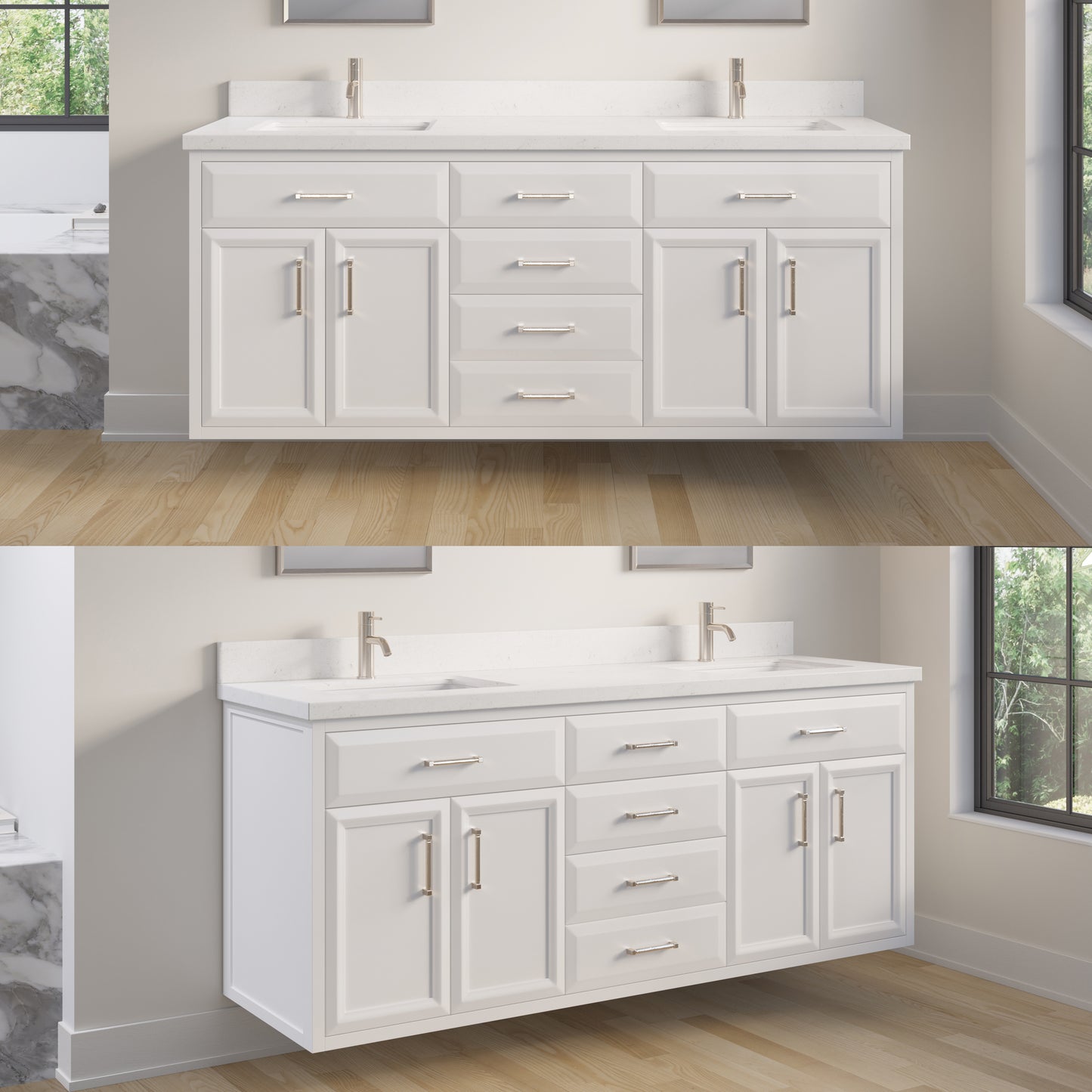 Meuble-lavabo simple Capri III avec organiseur Stealth, armoire de salle de bain en bois massif avec comptoir et dosseret en pierre reconstituée, porte et tiroir à fermeture amortie, pré-assemblé