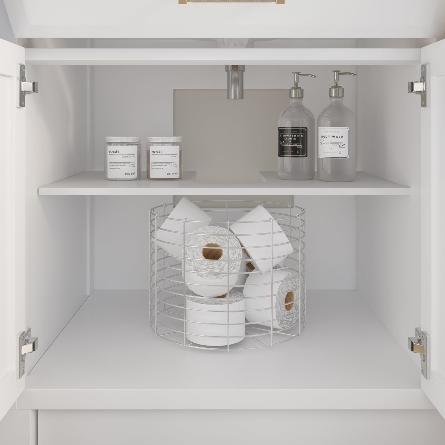 Meuble-lavabo simple Capri III avec organiseur Stealth, armoire de salle de bain en bois massif avec comptoir et dosseret en pierre reconstituée, porte et tiroir à fermeture amortie, pré-assemblé