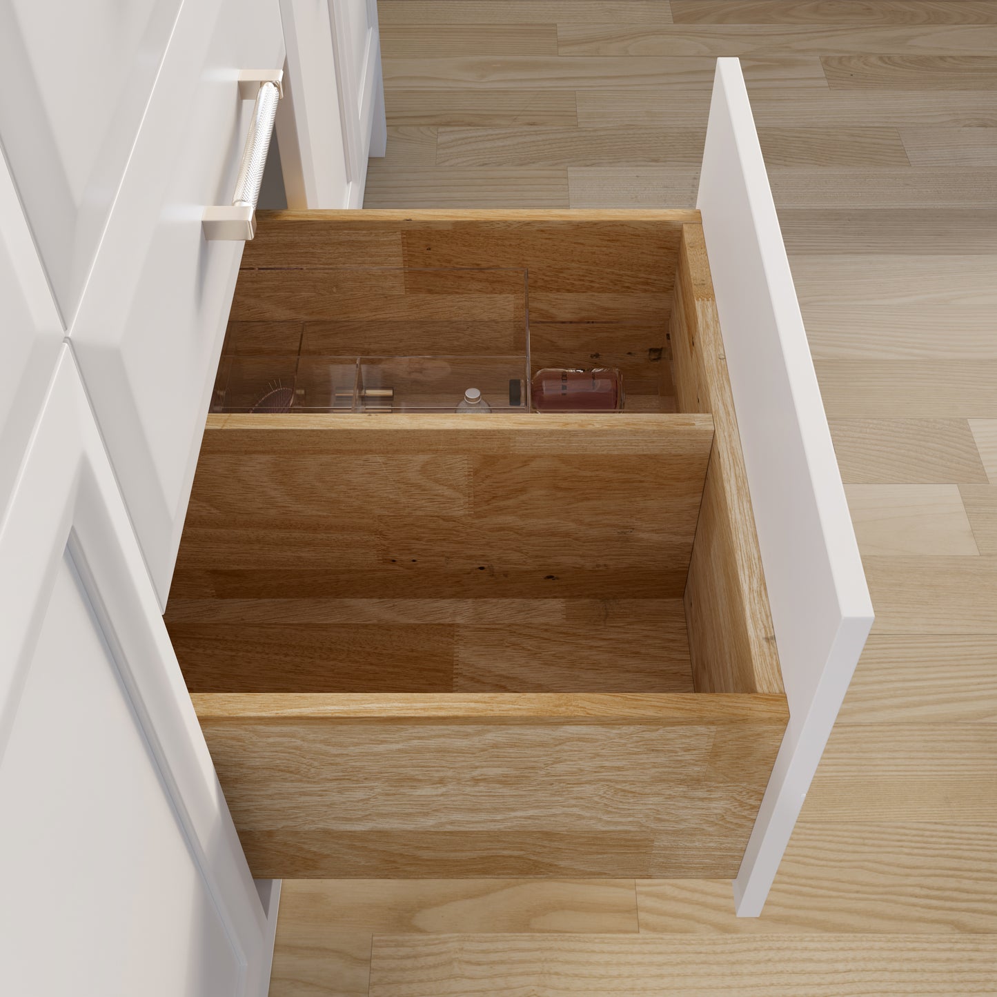 Meuble-lavabo simple Capri III avec organiseur Stealth, armoire de salle de bain en bois massif avec comptoir et dosseret en pierre reconstituée, porte et tiroir à fermeture amortie, pré-assemblé