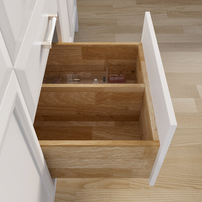 Meuble-lavabo simple Capri III avec organiseur Stealth, armoire de salle de bain en bois massif avec comptoir et dosseret en pierre reconstituée, porte et tiroir à fermeture amortie, pré-assemblé