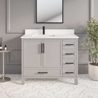 Houston II Bathroom Vanity with Stealth Organizer, Solid Wood Bathroom Cabinet with Engineered Stone Countertop & Backsplash, Soft Closing Door & Drawer, Pre-Assembled
