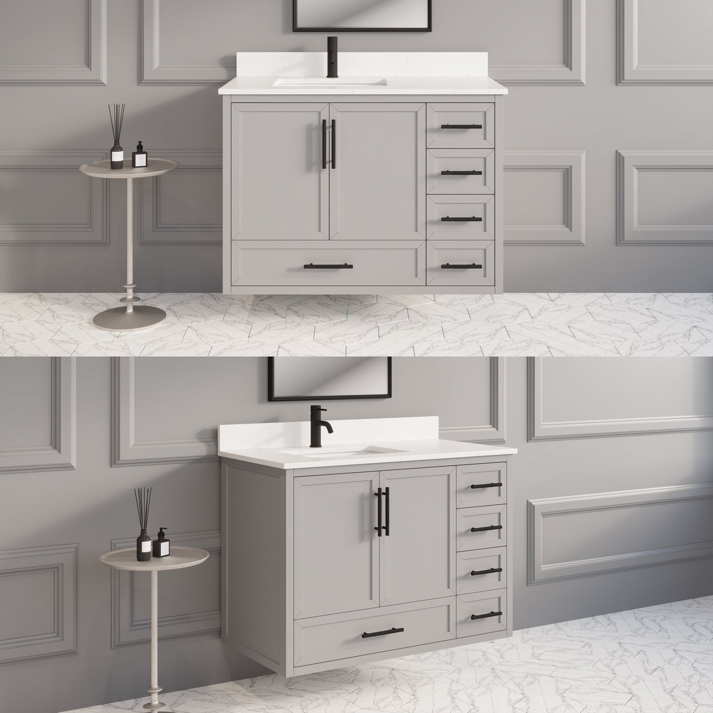 Houston II Bathroom Vanity with Stealth Organizer, Solid Wood Bathroom Cabinet with Engineered Stone Countertop & Backsplash, Soft Closing Door & Drawer, Pre-Assembled