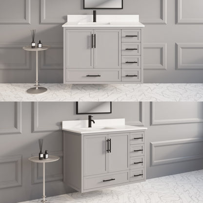 Houston II Bathroom Vanity with Stealth Organizer, Solid Wood Bathroom Cabinet with Engineered Stone Countertop & Backsplash, Soft Closing Door & Drawer, Pre-Assembled