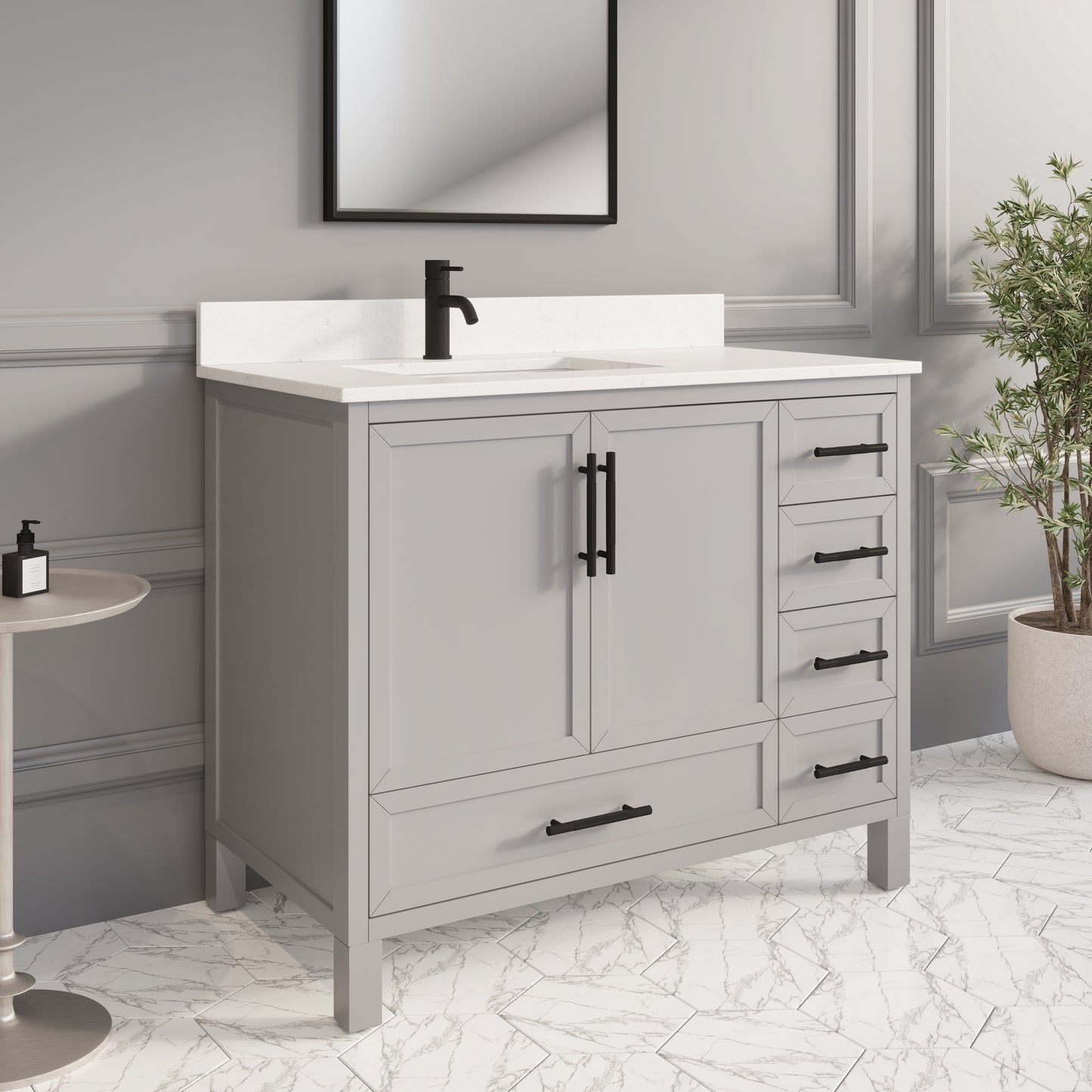 Houston II Bathroom Vanity with Stealth Organizer, Solid Wood Bathroom Cabinet with Engineered Stone Countertop & Backsplash, Soft Closing Door & Drawer, Pre-Assembled
