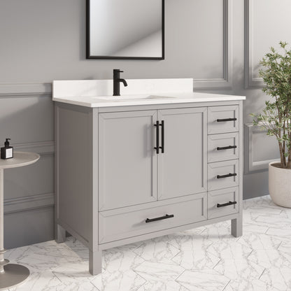 Houston II Bathroom Vanity with Stealth Organizer, Solid Wood Bathroom Cabinet with Engineered Stone Countertop & Backsplash, Soft Closing Door & Drawer, Pre-Assembled