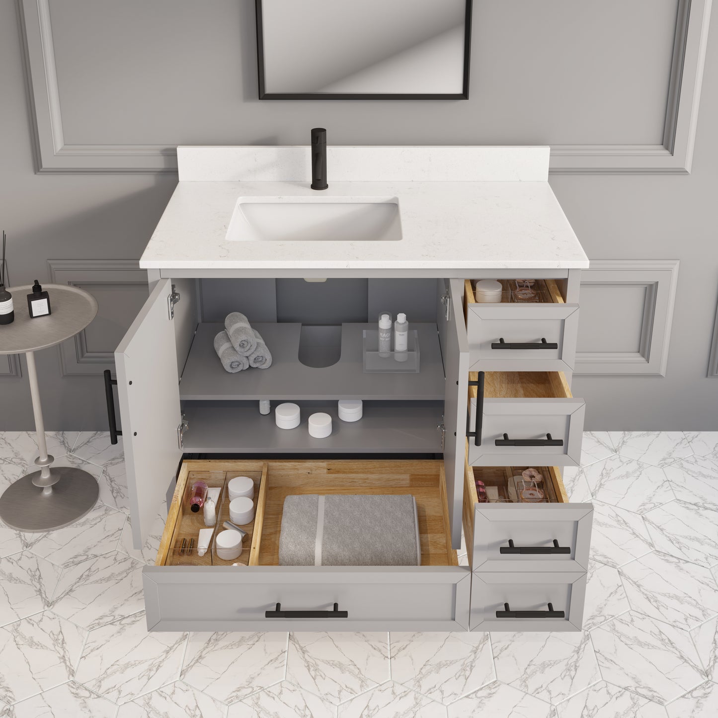 Houston II Bathroom Vanity with Stealth Organizer, Solid Wood Bathroom Cabinet with Engineered Stone Countertop & Backsplash, Soft Closing Door & Drawer, Pre-Assembled