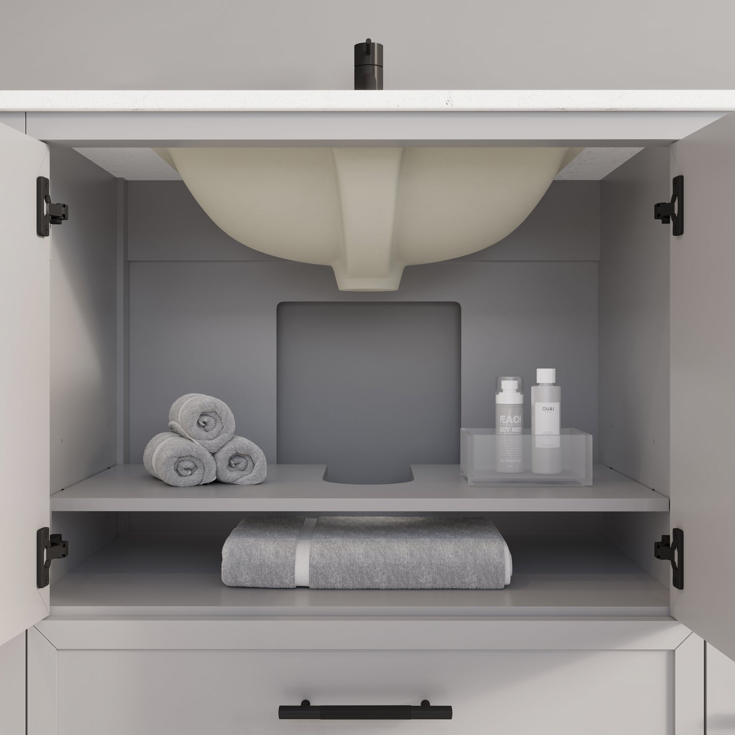 Houston II Bathroom Vanity with Stealth Organizer, Solid Wood Bathroom Cabinet with Engineered Stone Countertop & Backsplash, Soft Closing Door & Drawer, Pre-Assembled