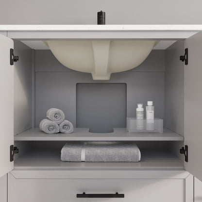 Houston II Bathroom Vanity with Stealth Organizer, Solid Wood Bathroom Cabinet with Engineered Stone Countertop & Backsplash, Soft Closing Door & Drawer, Pre-Assembled