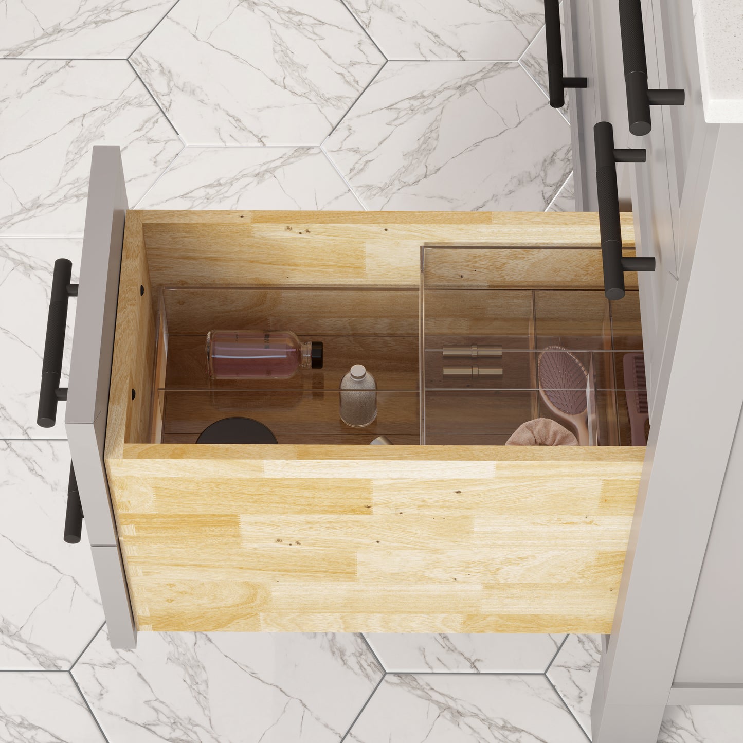 Houston II Bathroom Vanity with Stealth Organizer, Solid Wood Bathroom Cabinet with Engineered Stone Countertop & Backsplash, Soft Closing Door & Drawer, Pre-Assembled
