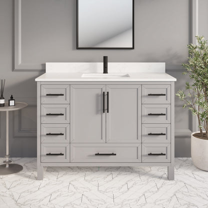 Houston II Bathroom Vanity with Stealth Organizer, Solid Wood Bathroom Cabinet with Engineered Stone Countertop & Backsplash, Soft Closing Door & Drawer, Pre-Assembled