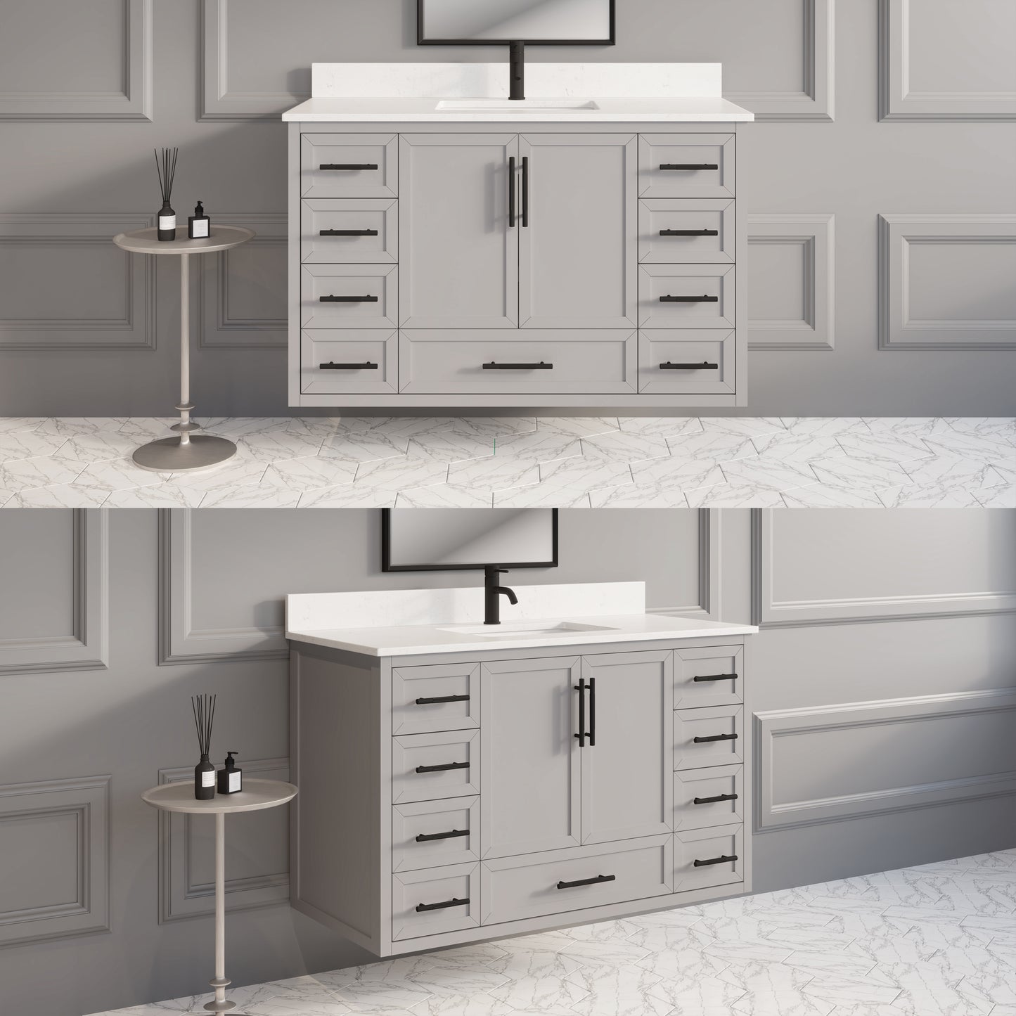 Houston II Bathroom Vanity with Stealth Organizer, Solid Wood Bathroom Cabinet with Engineered Stone Countertop & Backsplash, Soft Closing Door & Drawer, Pre-Assembled