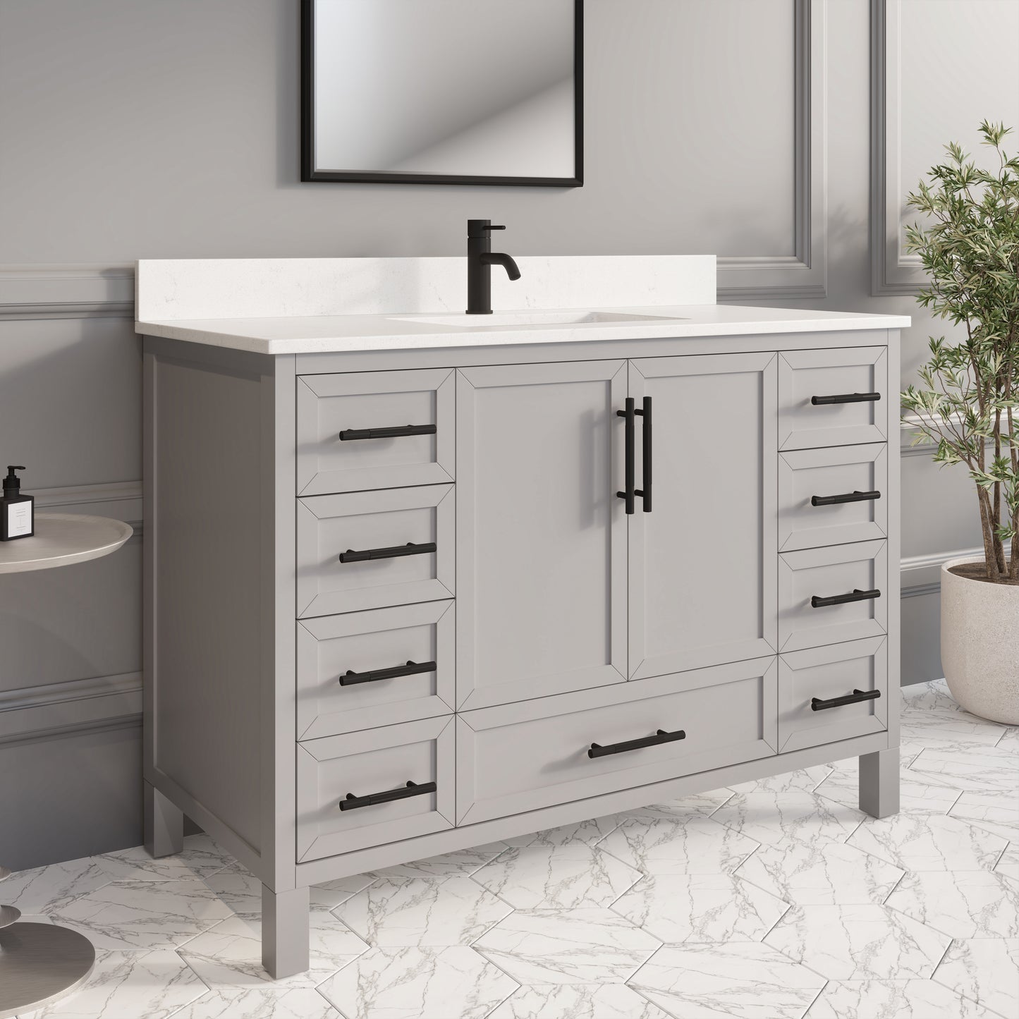 Houston II Bathroom Vanity with Stealth Organizer, Solid Wood Bathroom Cabinet with Engineered Stone Countertop & Backsplash, Soft Closing Door & Drawer, Pre-Assembled