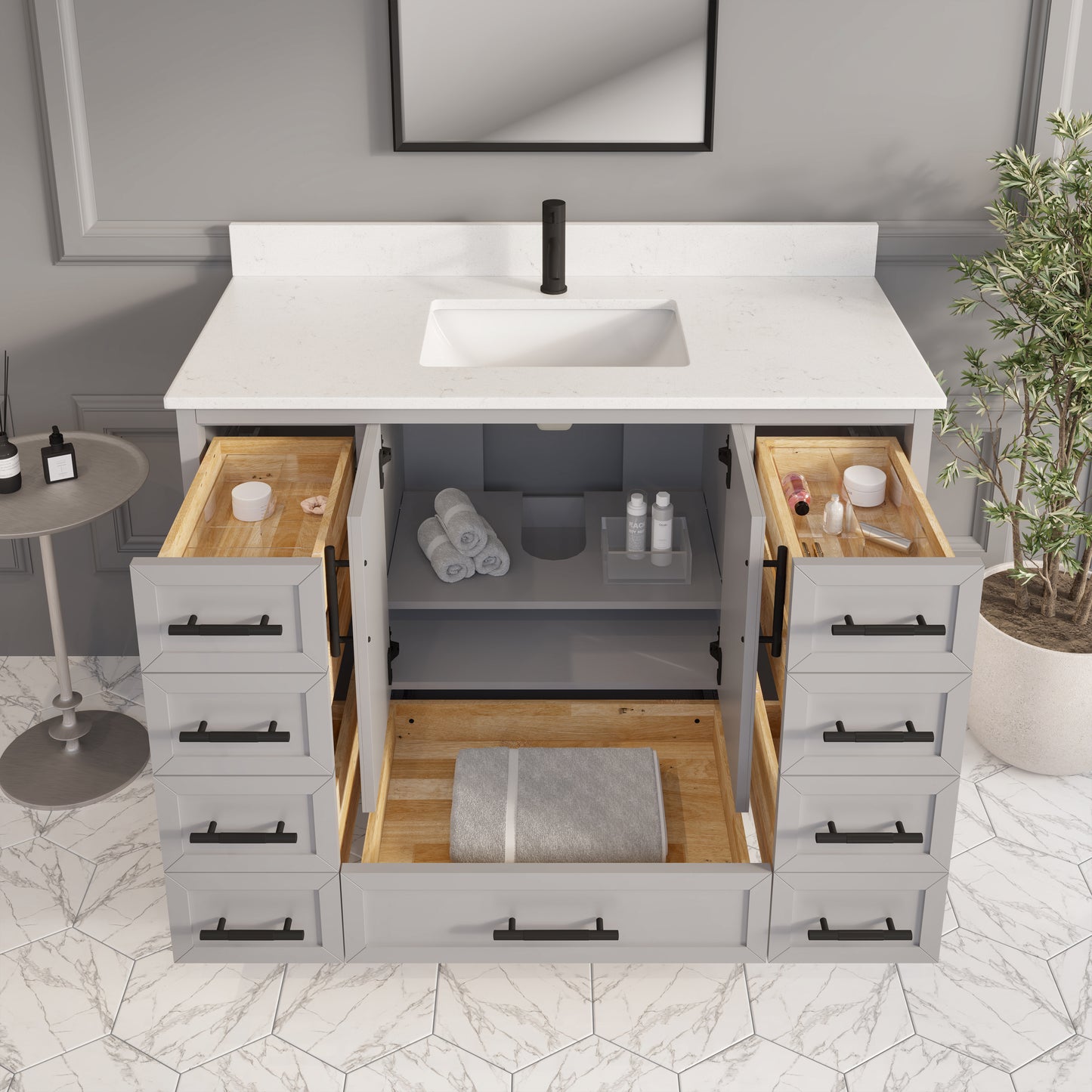 Houston II Bathroom Vanity with Stealth Organizer, Solid Wood Bathroom Cabinet with Engineered Stone Countertop & Backsplash, Soft Closing Door & Drawer, Pre-Assembled