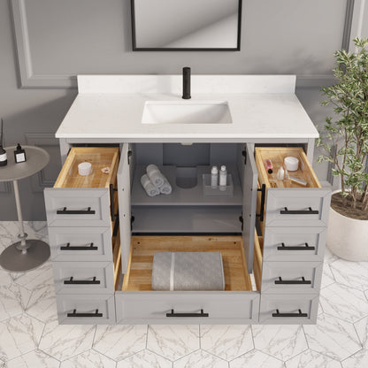 Houston II Bathroom Vanity with Stealth Organizer, Solid Wood Bathroom Cabinet with Engineered Stone Countertop & Backsplash, Soft Closing Door & Drawer, Pre-Assembled