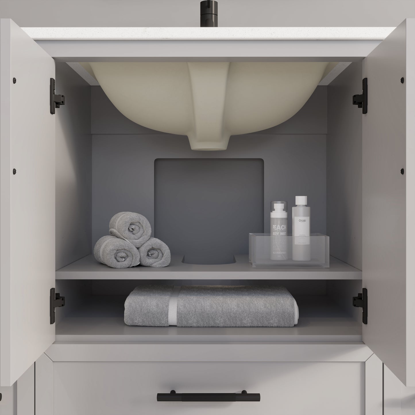 Houston II Bathroom Vanity with Stealth Organizer, Solid Wood Bathroom Cabinet with Engineered Stone Countertop & Backsplash, Soft Closing Door & Drawer, Pre-Assembled