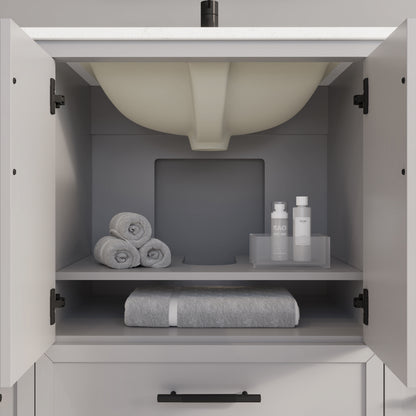 Houston II Bathroom Vanity with Stealth Organizer, Solid Wood Bathroom Cabinet with Engineered Stone Countertop & Backsplash, Soft Closing Door & Drawer, Pre-Assembled