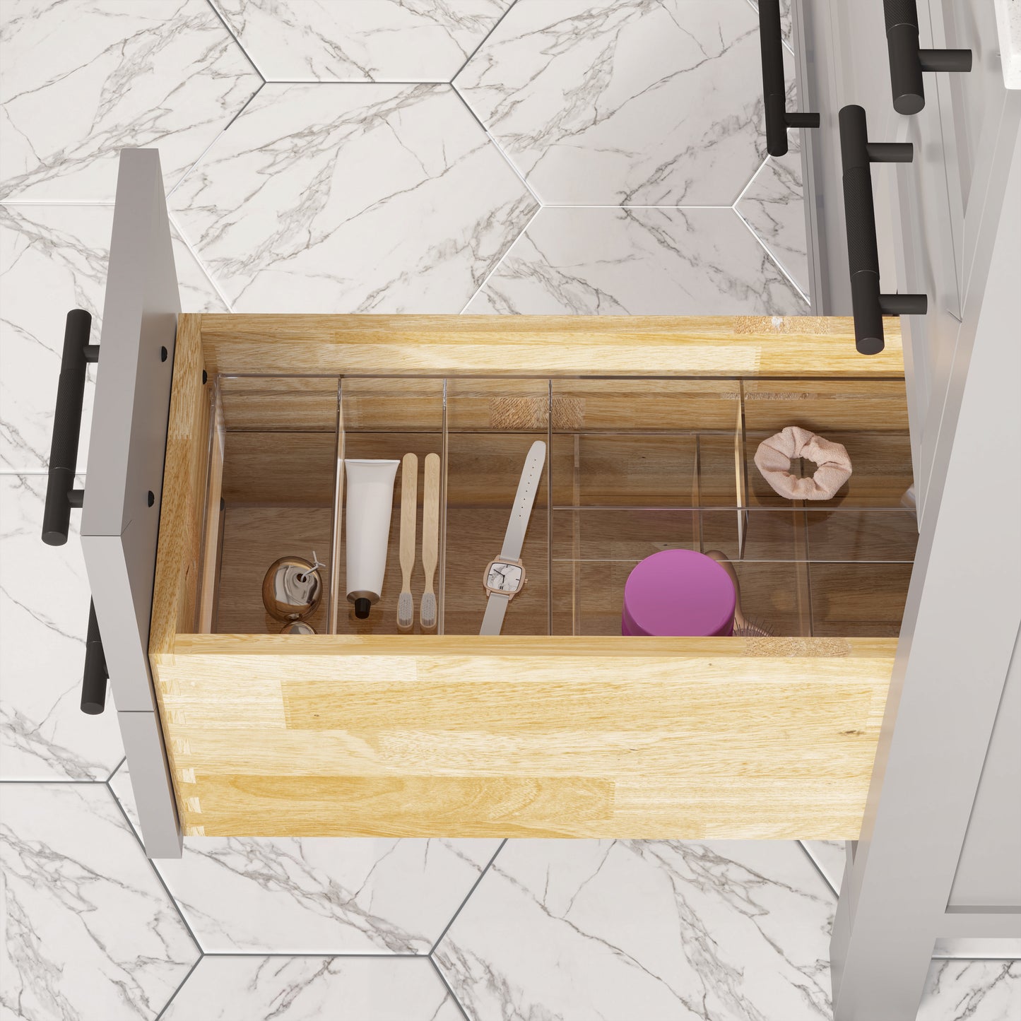 Houston II Bathroom Vanity with Stealth Organizer, Solid Wood Bathroom Cabinet with Engineered Stone Countertop & Backsplash, Soft Closing Door & Drawer, Pre-Assembled