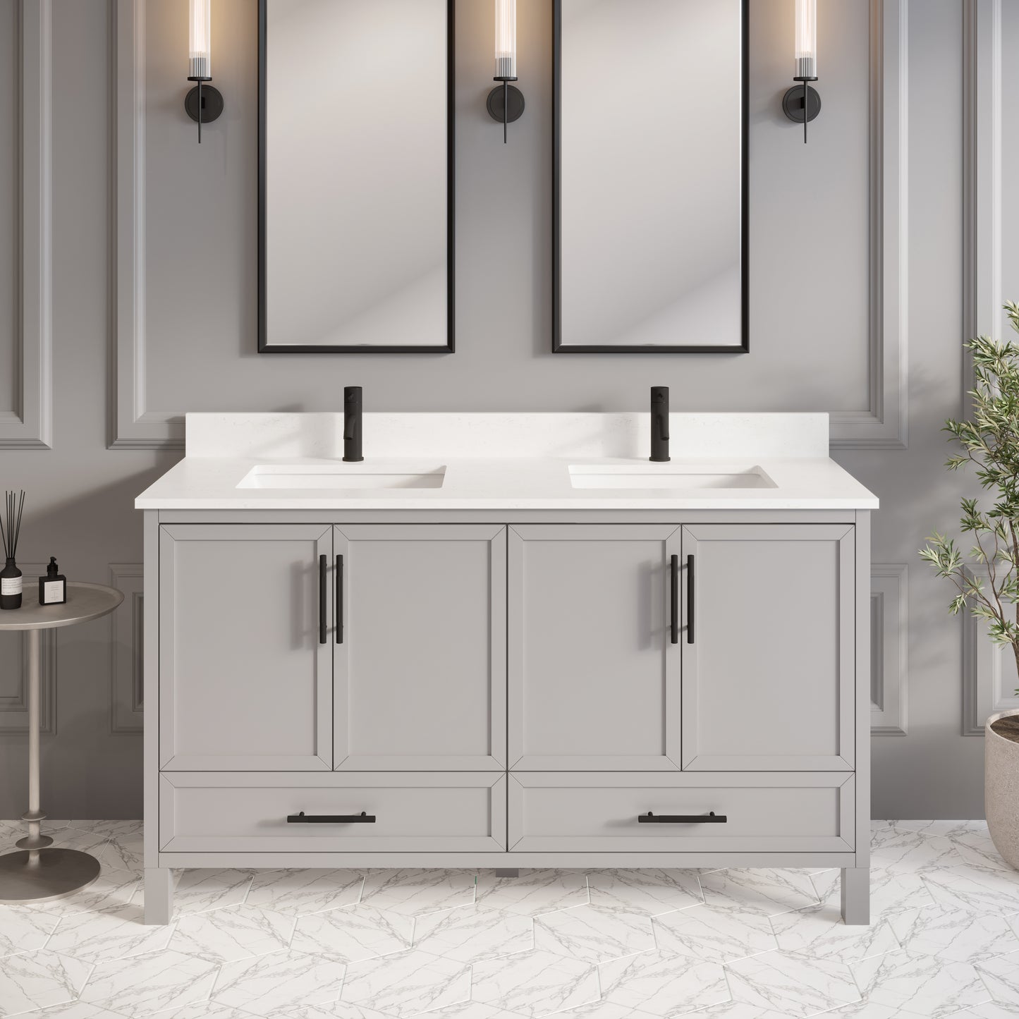 Houston II Bathroom Vanity with Stealth Organizer, Solid Wood Bathroom Cabinet with Engineered Stone Countertop & Backsplash, Soft Closing Door & Drawer, Pre-Assembled