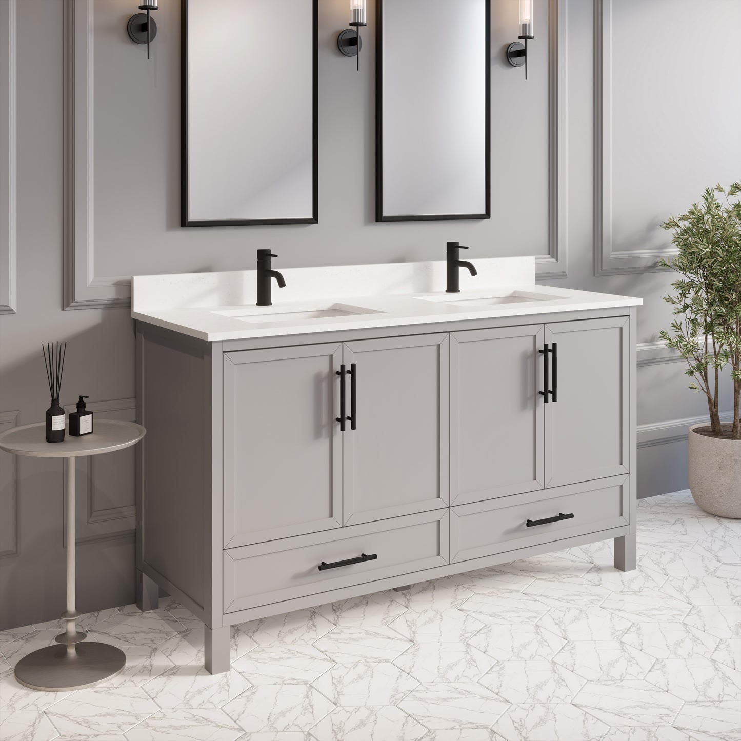 Houston II Bathroom Vanity with Stealth Organizer, Solid Wood Bathroom Cabinet with Engineered Stone Countertop & Backsplash, Soft Closing Door & Drawer, Pre-Assembled