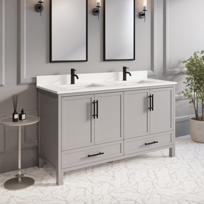 Houston II Bathroom Vanity with Stealth Organizer, Solid Wood Bathroom Cabinet with Engineered Stone Countertop & Backsplash, Soft Closing Door & Drawer, Pre-Assembled