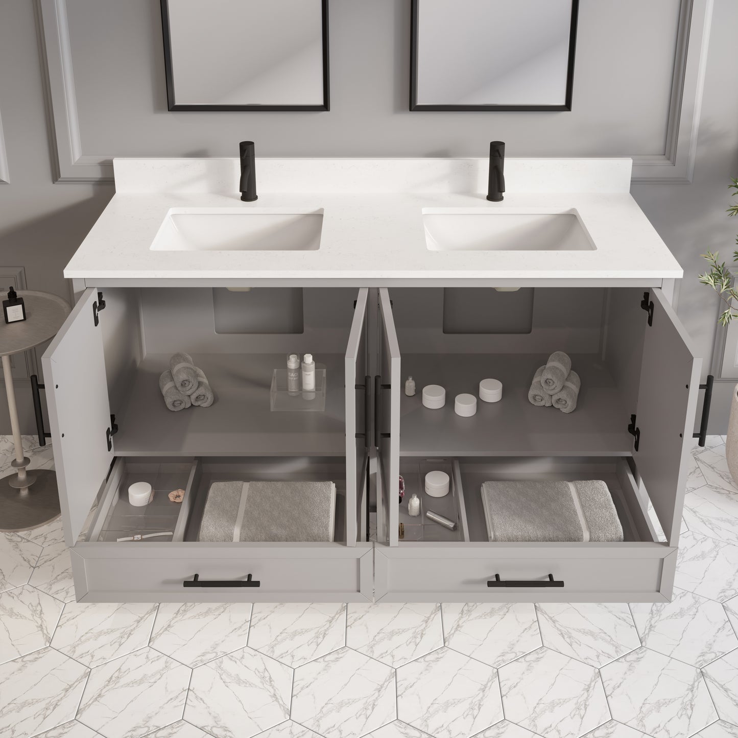 Houston II Bathroom Vanity with Stealth Organizer, Solid Wood Bathroom Cabinet with Engineered Stone Countertop & Backsplash, Soft Closing Door & Drawer, Pre-Assembled
