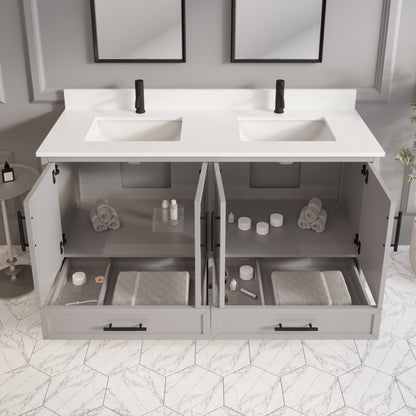 Houston II Bathroom Vanity with Stealth Organizer, Solid Wood Bathroom Cabinet with Engineered Stone Countertop & Backsplash, Soft Closing Door & Drawer, Pre-Assembled
